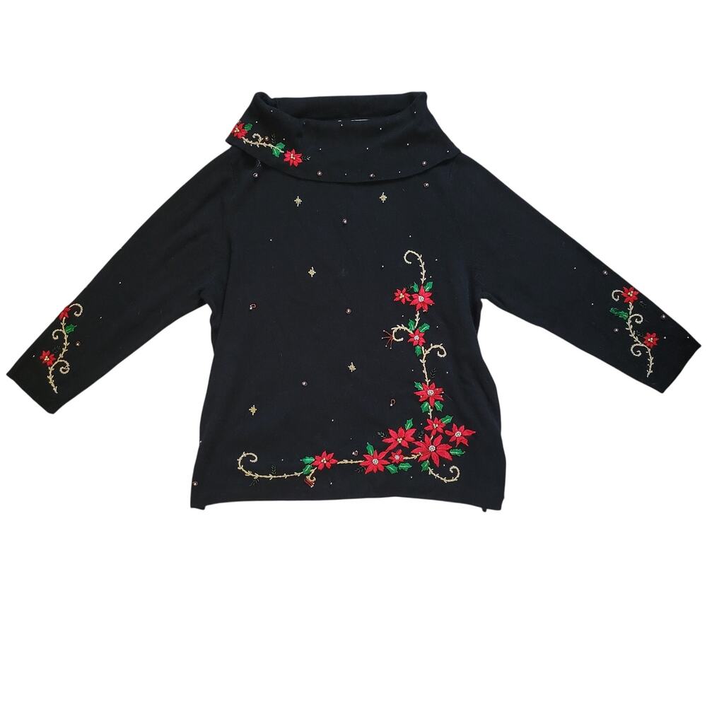 Vintage Christmas Sweater Womens 2X Kikit Black Cowl Neck Poinsettia Gold Beads